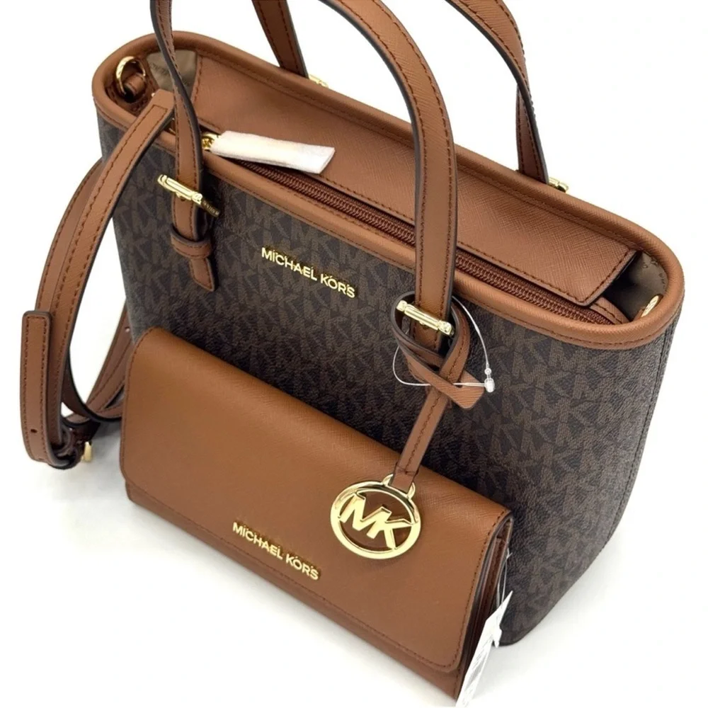 Michael Kors Jet Set Travel Extra-Small Top-Zip lote Bag & Trifold Wallet Brown
